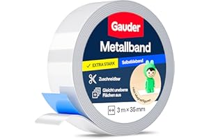 GAUDER Metallband selbstklebend - Ideal für Tonie®-Figuren & -Regale - Magnetband für Magnete - Ferroband mit Schaumstoff-Kleber - Stahlband und Eisenband (3 m x 35 mm)