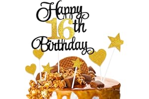 ZHIHUI Cake Decoration, 7-Pieces Personalised Happy 16 Years Birthday Cake Toppers for Boy Girl Kids Happy Birthday Sign for Cake, Glitter Cupcake Topper 16th Birthday Party Supplies (Black & Golden)