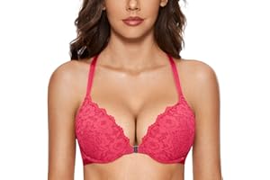 DOBREVA Biustonosz Damski Push Up Racerback Z Zapięciem Z Przodu Koronkowe Wyściełane Fiszbiny Z Głębokim Kwiatowym Wzorem