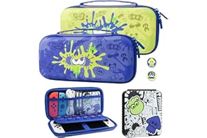 RHOTALL Étui de transport pour Nintendo Switch & Switch OLED, étui de voyage rigide portable pour accessoires de jeu Switch avec étui de jeu noir et 2 capuchons de pouce – pour le thème Splatoon