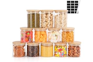 FoiiLiio 12PCS Tarros de Cristal con Tapa de Bambu,300ml/400ml,Botes de Cristal de Cocina con Tapa para Especias,Tarros herméticos para Especias,Té,Cereales,Nuez