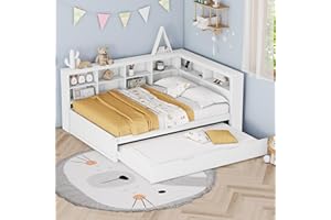 ‎JOVIFY Plattformbett mit Ausziehbett 140x200cm(90x190cm), Ausziehbares Schlafsofa Tagesbett mit Bücherregal & USB Ladefunktion, Multifunktionsbett Gästebett Daybett Kinderbett Jugendbett, Ohne Matratze,Weiß