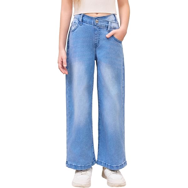 MEILONGER Jean Baggy Large Pour Filles Enfants - Taille Haute Décontractée Avec Trous Déchirés, Tailles 8 à 16