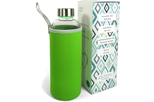 Wenburg Wolton Sport Szklana butelka na wodę 550 ML / 750 ML / 1l + szpilka. Borokrzemian. Neoprenowy pokrowiec zapobiegający poparzeniu. na sok, herbata, woda, koktajle (Lime, 1 l)