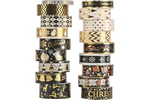 PAIVSUN 18 Rollen Washi Tape Weihnachten Set, Dekorative Masking Tape Weihnachtsbäume Goldfolie Klebeband für Weihnachten Handwerk DIY Scrapbooking Planer Geschenk Verpackung Dekorationen (Xmas Black)