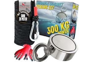 MAGNET-KAUF Juego de pesca magnética de neodimio – 60 mm – 300 kg de fuerza de tracción – imán de montaña – Juego completo con cuerda de 20 m – Guantes impermeables para pesca magnética