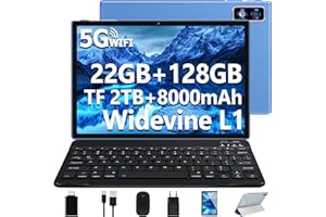 ‎DEERTIME 2025 Neueste Tablet 10 Zoll Android 14 tablet,22GB RAM+128GB ROM/1TB TF, Octa-Core, 2.0GHz,5G+2.4G WiFi, BT 5.0, 8000mAh, Widevine L1,8+5MP, AGPS, 2 in 1 Tablet PC Mit Tastatur und Maus - Blau
