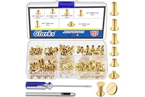 Glarks Set di 150 viti Chicago dorate assortite, M5 x 5 mm, 6 mm, 8 mm, 10 mm, 12 mm e viti a testa piatta da 4 x 4 mm, rivetti per chiodi, accessori in metallo