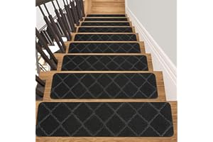 SHACOS Stair Carpet Treads 15 Pack-76x20cm Black Self Adhesive Stair Pads Mat Non Slip Removable Staircase Carpet Runner Mats for Wooden Solid Stairs Safety Step Mat for Elders Pets