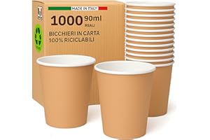ecodrinks - 1000 Bicchieri Caffe Carta Da 90ml - Set Bicchierini Monouso per Bevande Calde/Fredde - Biodegradabili, Eco-friendly e Made in Italy, Avana