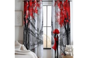 GENERIC Vorhänge Vorhang Blickdicht Gardinen Ölgemälde Paar Eiffelturm Muster Verdunkelung mit Ösen H183 x B117 cm (2er Pack) Raumverdunkelung hitzeblockierend Vorhangdekoration für Schlafzimmer Rot Grau