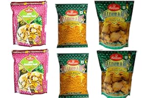 Haldiram's leckere indische Packung mit 6 authentischen Snacks- 2x Aloo Bhujia, 2x Mini Samosa, 2x Mini Bhakarbadi 1200g