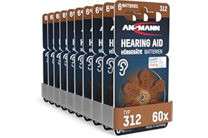ANSMANN Pilas para audífonos, Tipo 312, Color marrón, P312 ZL3 PR41, 60 Unidades, Zinc-Aire, 1,4 V, Fabricadas en Alemania, Paquete de Almacenamiento, Pilas para audífonos, fácil Agarre
