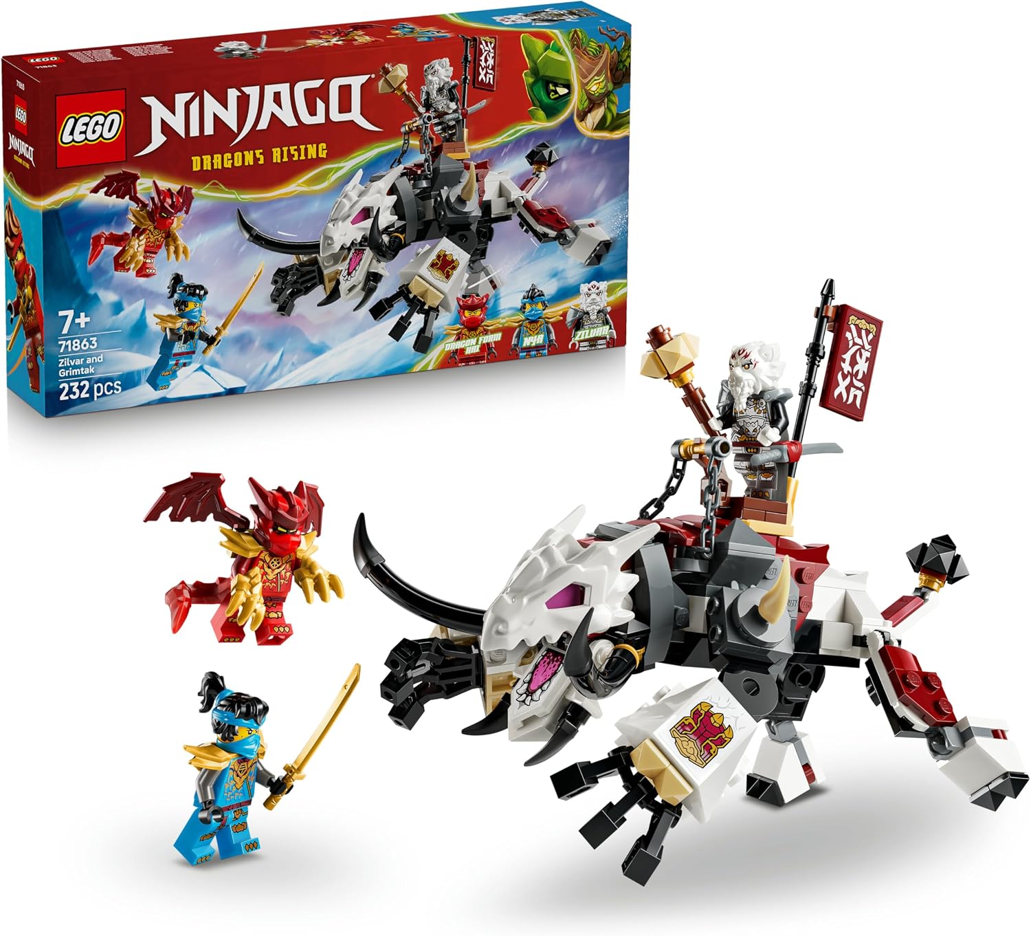 LEGO NINJAGO Zilvar et Grimtak la Bête Draconique - Jouet Ninja avec Figurine & 3 Minifigurines dont Kai & Nya - Cadeau d'Anniversaire pour Garçon dès 7 ans ou Fan du Soulèvement des Dragons 71863