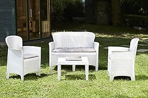 Dmora - Set Salon d'extérieur Ostuni, Salon de Jardin composé de 2 fauteuils, 1 canapé et 1 Table Basse, Coin Salon Effet rotin avec Coussins, 100% Made in Italy, Blanc