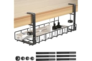 Under Desk Cable Management Tray, Xpatee Upgraded Wire Management No Drill No Screws, Cable Tray with Clamp for Wire Organizers, Computer Cord Rack for Office, Home - No Damage to Desk Black