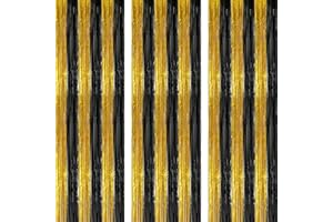 AILEXI 3 Pack 3.2ft*8.2ft Metallic Tinsel Curtains Foil Fringe Shimmer Streamers Curtain Door Window Decoration for Party Supplies - BlackGold