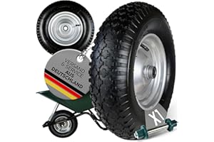 FROSAL Schubkarrenrad 400 mm mit Schlauch inkl. Achse – Ersatzrad 4.80/4.00-8 mit 20 mm Achse – Ø ca. 380–400 mm, Breite ca. 100 mm – Stahlfelge silber mit Kugellager