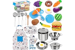 NCKIHRKK Accessoire Cuisine Enfant 26 pcs avec Pots et Casseroles en Acier Inoxydable, Ustensile Cuisine Enfant, Enfants Cuisine avec Tablier Cuisine, Les Toque, Les Gant, pour Garçons Filles Cadeau