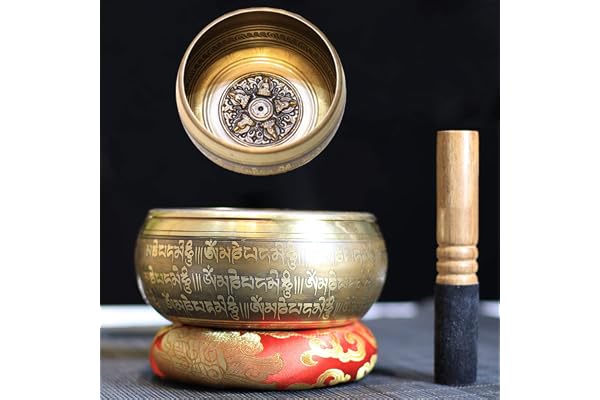 Gandhanra bol chantant tibétain,Sculpté de cinq bouddha et de mantras,fait à la main au Népal