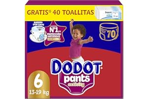 Dodot Pañal-Braguita Activity Pants, Talla 6 (14-19 kg), 70 Pañales + Regalo de 1 Pack de 40 Toallitas Con Ajuste 360 anti-fugas extra suave