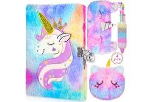 ZPQAODI Tagebuch Mädchen mit Schloss Set, Plüsch Einhorn Mädchen,160 Seiten Doppelseitiges Notizbuch, Geheimes Journal mit Einhorn Geldbörse,Stift,Federmäppchen, Geschenke für 3-14 Jahre Mädchen