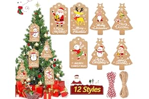 TATUNER Etichette Regalo Natale, Tag Regalo di Natale, Kraft Paper Tag con Stringa, 12 Disegni per Albero di Natale, Feste, Decorazioni Natalizie Fai Da Te