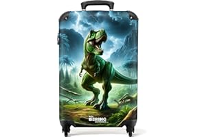 NoBoringSuitcases.com Valigia Trolley Per Bambini - Bagaglio a Mano 55x40x20 cm (Dinosauro - Verde)