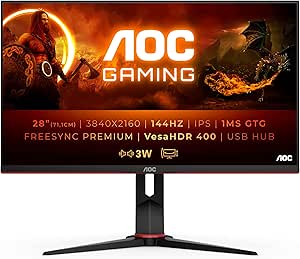AOC Gaming U28G2XU - 28 Inch 4K UHD Monitor, 144Hz, 1ms, IPS, FreeSync Premium pro, HDR 400, Height Adjust, USB Hub, Speakers (3840x2160 @ 144Hz, 370 cd/m², HDMI/DP/USB 3.2)