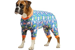 LovinPet Large Breed Dog Clothes Pajamas, Wound Care/Post Surgery Full Coverage Shirt, Dinosaur Land Blue Print, Lightweight Stretchy Knit Pullover Dog Onesie, Pet Pajamas for Dogs, Pet PJ's, M