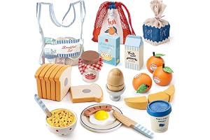 Lehoo Castle Wooden Play Food Set for Kids, Pretend Breakfast Toy for 3+ | Kitchen Toys with Storage Bag, Cutting Food Fruit Egg Bread for Toddler 3-5 Years Old Birthday Gift Boys Girls