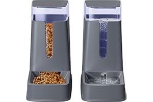 HIPIDOG 2 paquetes de comedero y bebedero automático para gatos, dispensador de comida y agua para perros pequeños, medianos y grandes, gatos, perros, cachorros, gatitos, 1 galón x 2 (gris profundo)