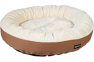 Amazon Basics Round Bolster Pet Bed for Dog or Cat with Flannel Top, 50 x 50.8 x 15.2 Th cm, Brown and Ivory