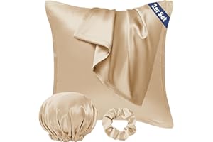 ‎SEIWOHL Seiwohl Satin Kissenbezug 80x80 2er Set, Weich wie Seidenkissenbezug Silk Pillowcase, Vegane Seide Kopfkissenbezug Kissenhülle Haarschutz für die Nacht mit Haargummi und Haarhaube, Champagner
