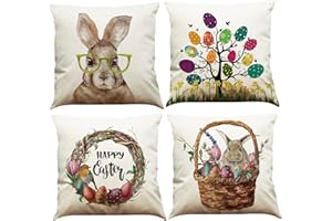 BINXWA 4 Stück Kissenbezug Ostern,Osterdeko Modern Kissenbezug Baumwolle Leinen Ostereier Häschen Kissenhülle Kissenbezug 45 x 45 cm