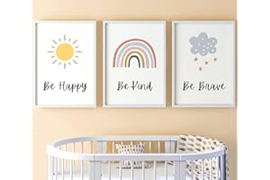 EVIEPOPS PRINTS Rainbow Sunshine Cloud Quotes Set of 3 Unframed Prints, Girls Boys Nursery Bedroom Decor Wall Art, Playroom Poster, Be Happy Be Kind Be Brave (A4)