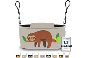 GRINSEZWERGE Kinderwagen Organizer 9 Motive mit Feuchttuchspender I Kinderwagen Tasche mit Schultergurt I Kinder Buggy Organizer I Kinderwagentasche Aufbewahrungstasche Baby Stroller Bag grau Faultier