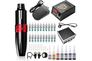 STIGMA Kit de Tatuaje Profesional Blanco, Amarillo, Rojo, Verde, Púrpura, Azul, Negro, Máquina Rotativa Fuente de Alimentación Digital 7 Colores con Estuche EM122KIT02BP142-1