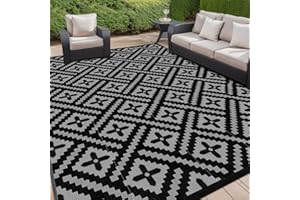 Momooda Tapis D'extérieur Géométrique en Paille en Plastique avec Protection Anti-UV Réversible Lavable et Imperméable pour Camping, Jardin, Balcon, Camping-Car, Gris Noir, 274x365cm