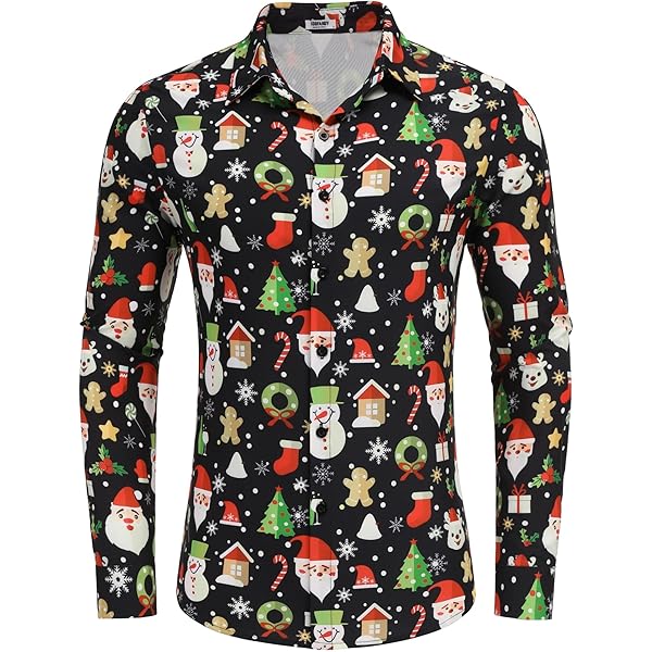 COOFANDY Kersthemd voor heren, lange mouwen, bedrukt kersthemd, vrijetijdshemd, funky kersthemd met zakken, S-5XL, zwart, M