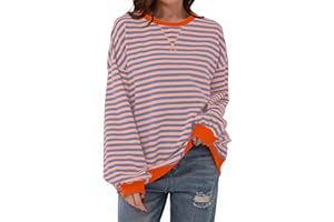 TERIVEEK Women's Cotton Blend Striped Color Block Long Sleeve Crew Neck Sweatshirt, Loose Fit for Spring, Summer and Autumn, Size S-XL, Green, Black, Brown, Burgundy, Pink