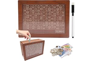 Y.A. LOTUS Tirelire avec Compteur pour 15000 Euros, marquage Amovible en Bois – Caisse à Monnaie réutilisable avec Cible à Cocher