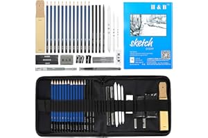 H & B Professionelle Zeichensets Skizzierstifte Zeichnung Bleistifte Werkzeug Geeignet für Künstler Student Lehrer Anfänger(inkl. Skizzenbuch 33Stück) Profi Art Set mit und Kit Bag