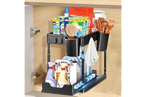 DICLLY Organizer Sottolavello Cucina a 2 Livelli,Organizer per Armadio Sottolavello con 4 Ganci e 2 Tazze Sospese,Portaoggetti Estraibile con Aste di Supporto in Metallo,Ideale per Cucina e Bagno