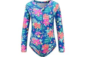 BOVOSHA Girls One Piece Swimsuit Kids Hawaii Floral Long Sleeve Swimming Costume Sun Protection Rash Guard