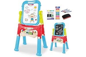 The Magic Toy Shop Kids Folding Double-Sided Magnetic Easel - 360° Rotating & Removable Drawing Board with Blackboard & Whiteboard - Magnets, Chalks, Markers, Stand - Art, Painting, & Writing (Blue)
