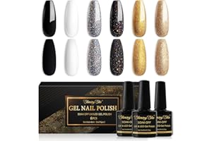 Shining She Esmalte Semipermanente Negro,6 Colores Negro Oro Blanco Gris Pintauñas Semipermanentes Soak-Off UV LED Esmaltes Semipermanentes Para Uñas Fácil de DIY en Casa,8ML