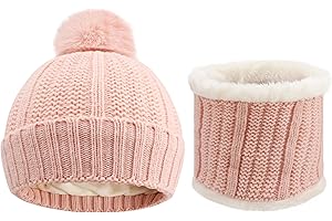 QKURT Children's Knitted Hat and Scarf Set, Toddler Solid Color Winter Warm Beanie Hat with Fluffy Pompom, Soft Neck Warmer with Thick Fleece Lining Children's Warm Suit for 2-6 Years Old