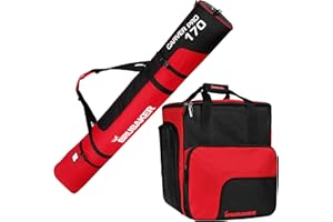 BRUBAKER Juego combinado de bolsa de esquí y bolsa para botas de esquí para 1 par de esquís de 170 cm y 190 cm + bastones + zapatos + casco, color negro y rojo
