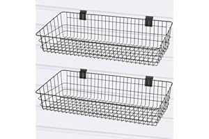 Yaocom 2 Pcs Slatwall Baskets for Slatwall, 23.6 Inch Width Metal Heavy Duty Wire Slatwall Mounted Hanging Basket Storage Display Basket for Retail, Garage, Office, Sports, Toys, and More, Black